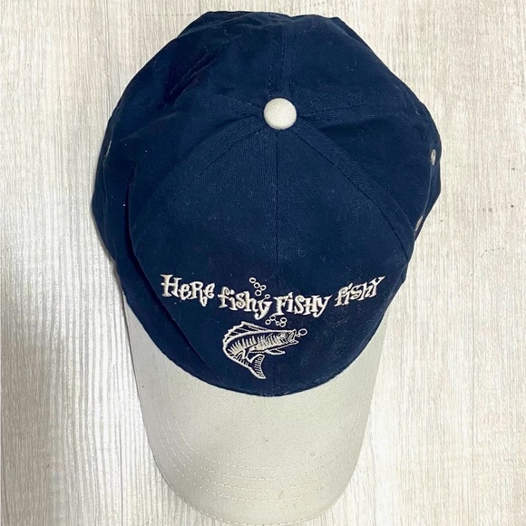 Here Fishy, Fishy Hat Navy Blue & Tan. 100% Cotton. Adjustable Strap. - Picture 2 of 7